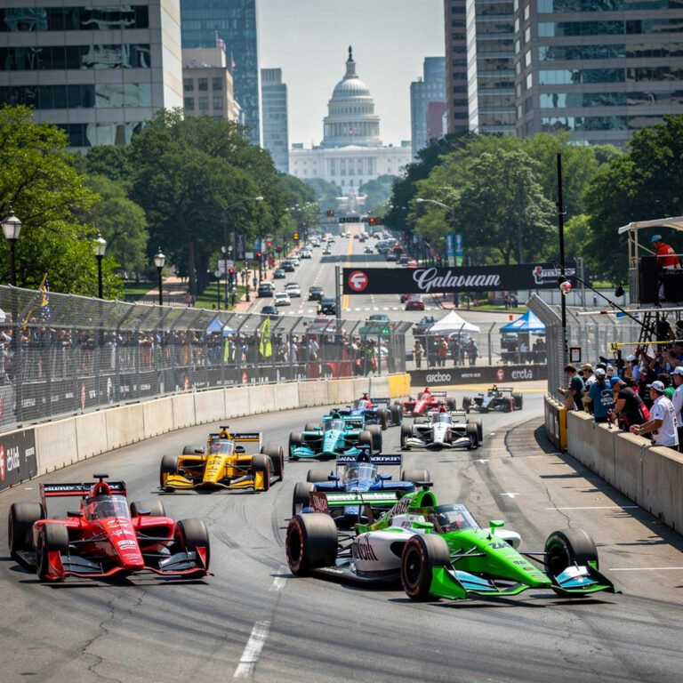 IndyCar race cars competing on a temporary city circuit in Washington DC