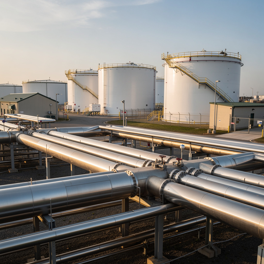 Petroleum liquids pipelines and storage tanks at a United States energy terminal