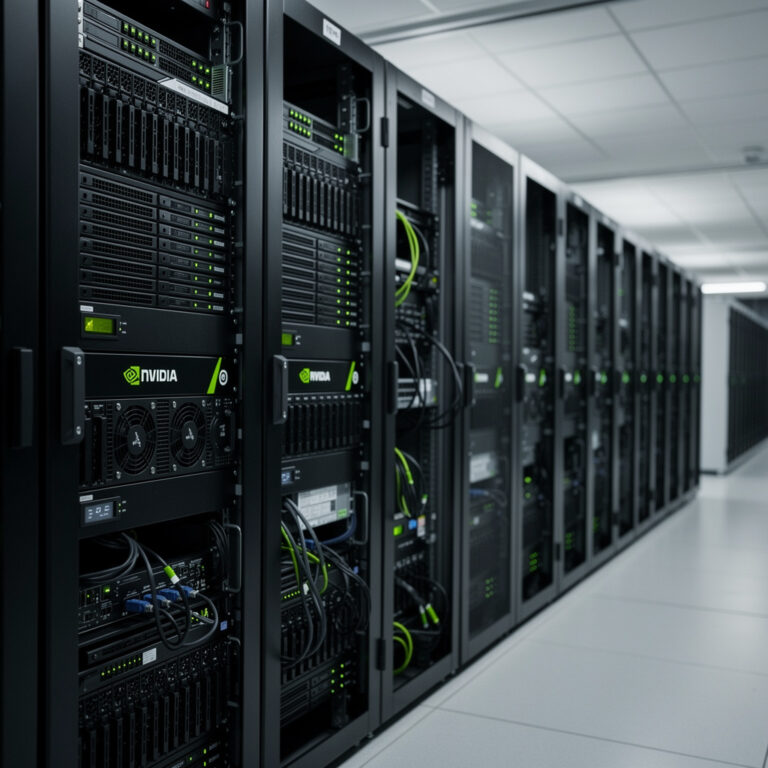Nvidia GPU servers and data-center infrastructure in a restrained business-news setting