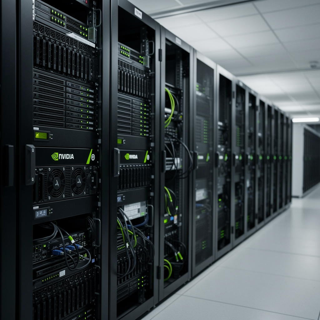 Nvidia GPU servers and data-center infrastructure in a restrained business-news setting