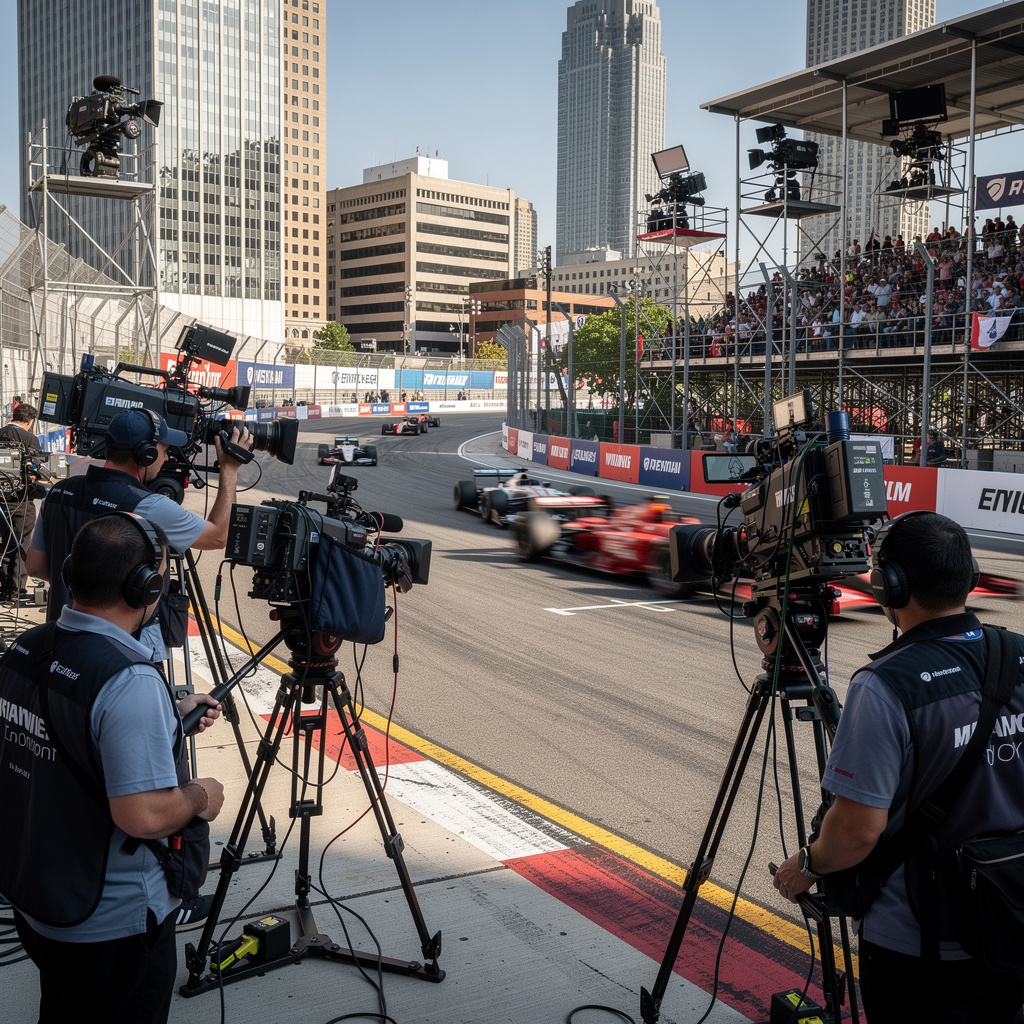 Television production cameras covering an IndyCar street race for a national audience