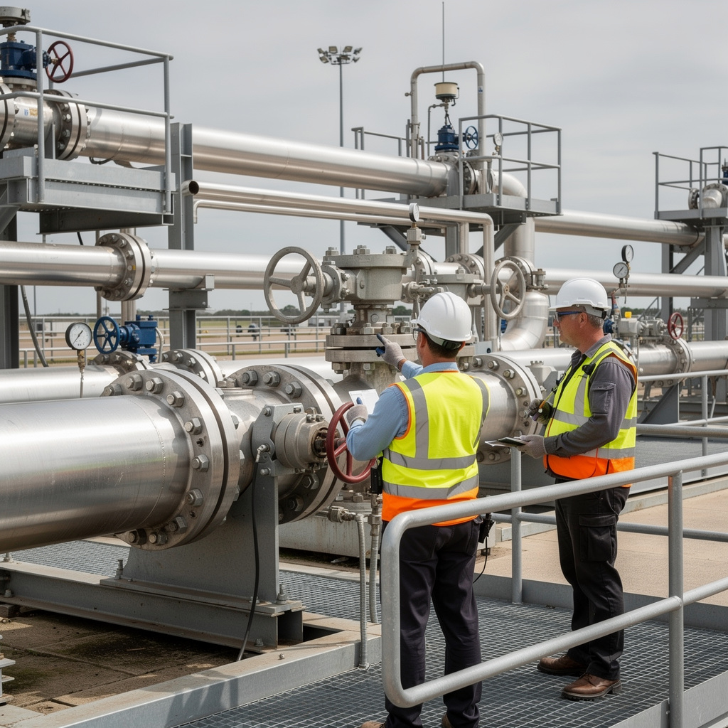 Engineers inspecting pipeline valves at a petroleum liquids pumping station