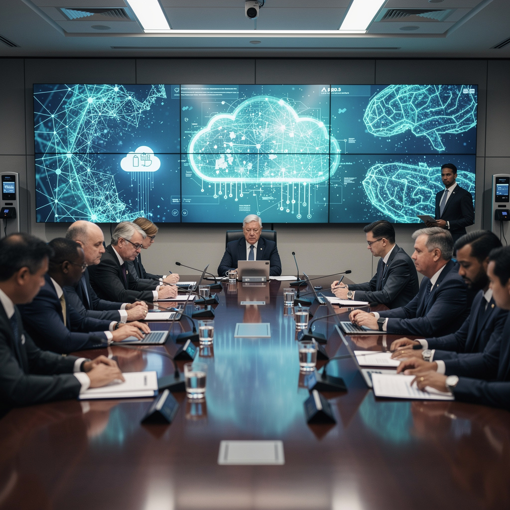 Secure government technology procurement meeting with abstract AI infrastructure screens