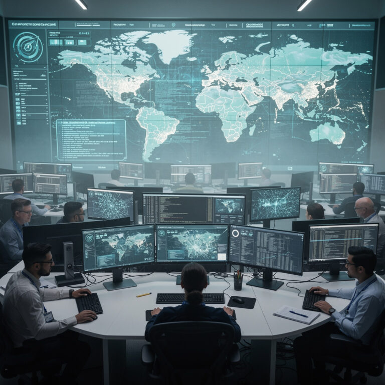 cybersecurity operations center analysts monitoring screens