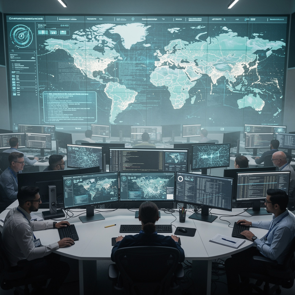 cybersecurity operations center analysts monitoring screens