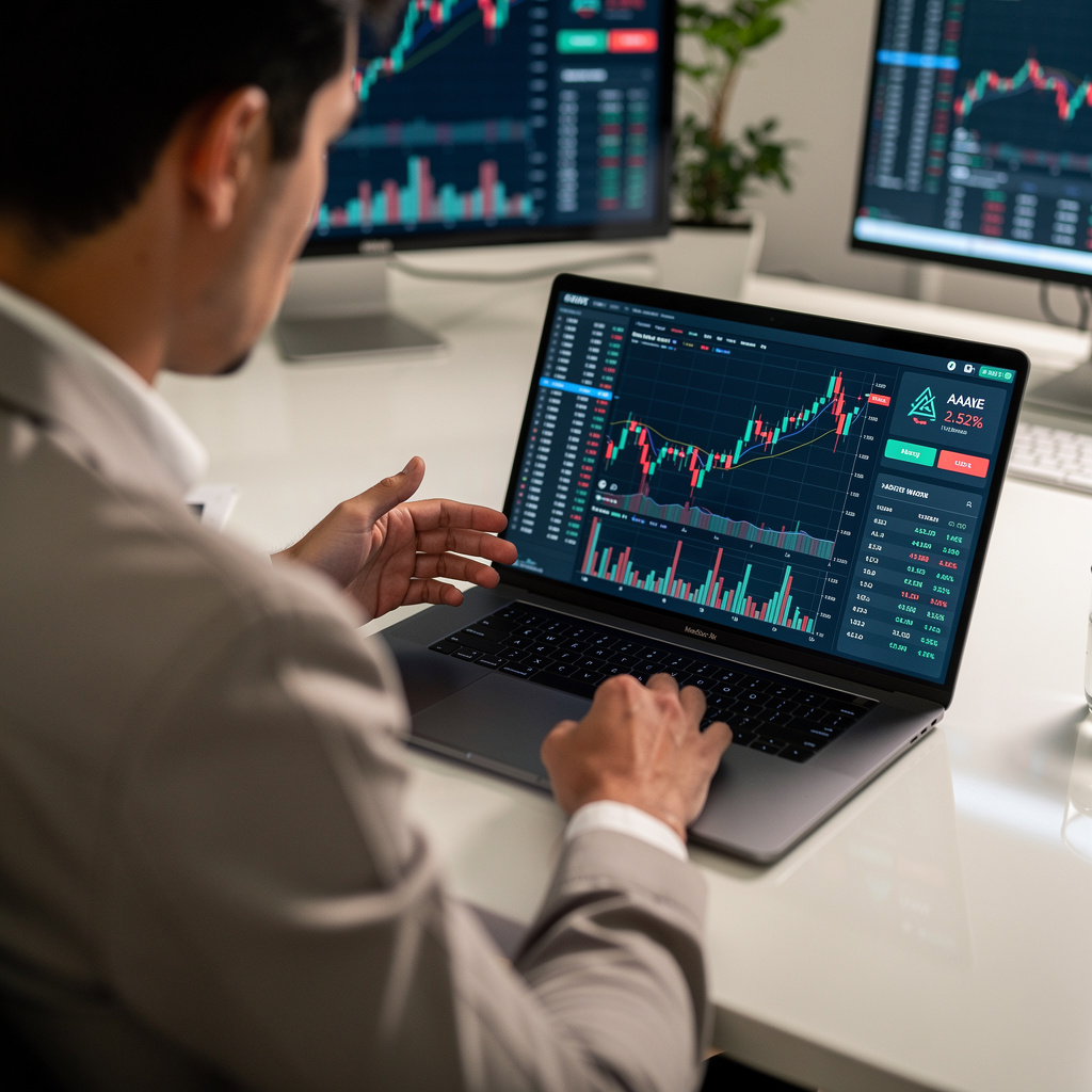 analyst reviewing crypto price charts on a laptop