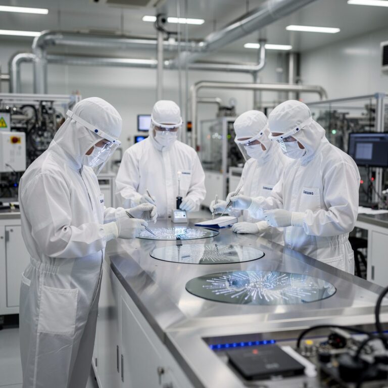 semiconductor fab cleanroom workers inspecting silicon wafers