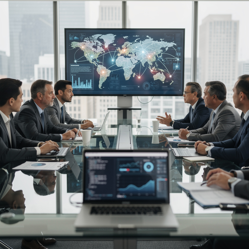 corporate boardroom executives in a meeting discussing strategy