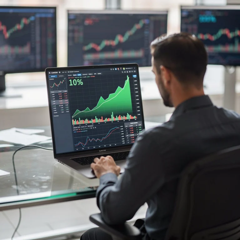 analyst reviewing cryptocurrency price charts on a laptop screen