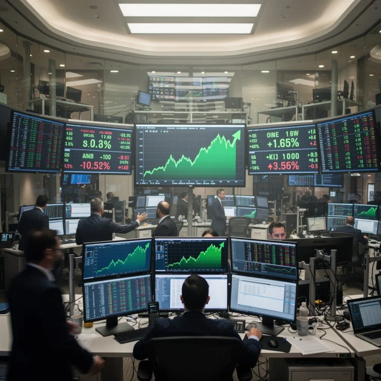 stock market trading floor with rising price screens