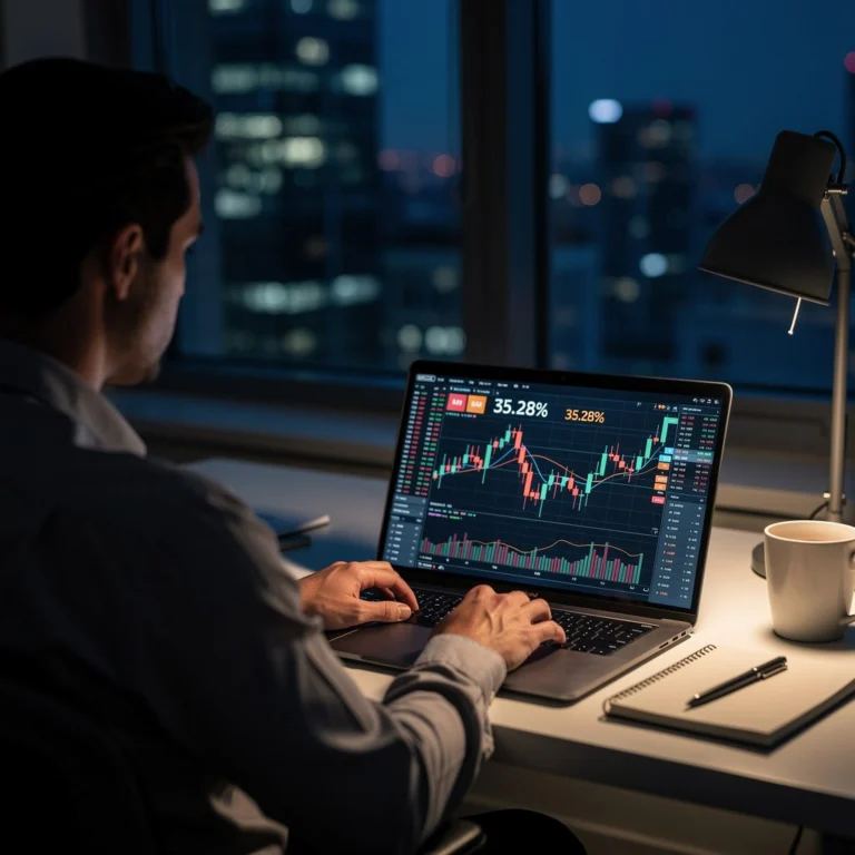 analyst reviewing candlestick charts on a laptop in a dim office