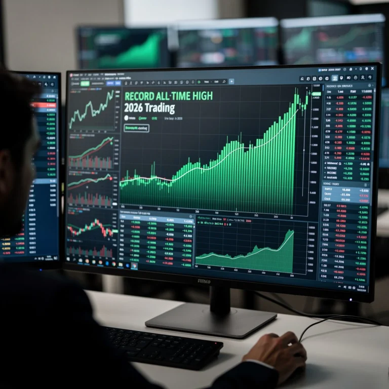 stock market trading screen showing a record high price line