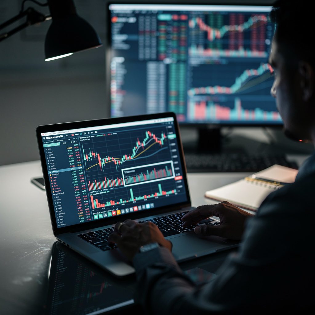 analyst reviewing multiple price charts on a laptop screen in a dim office