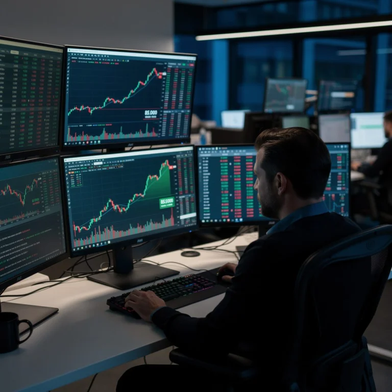 trader monitoring bitcoin price charts on multiple screens