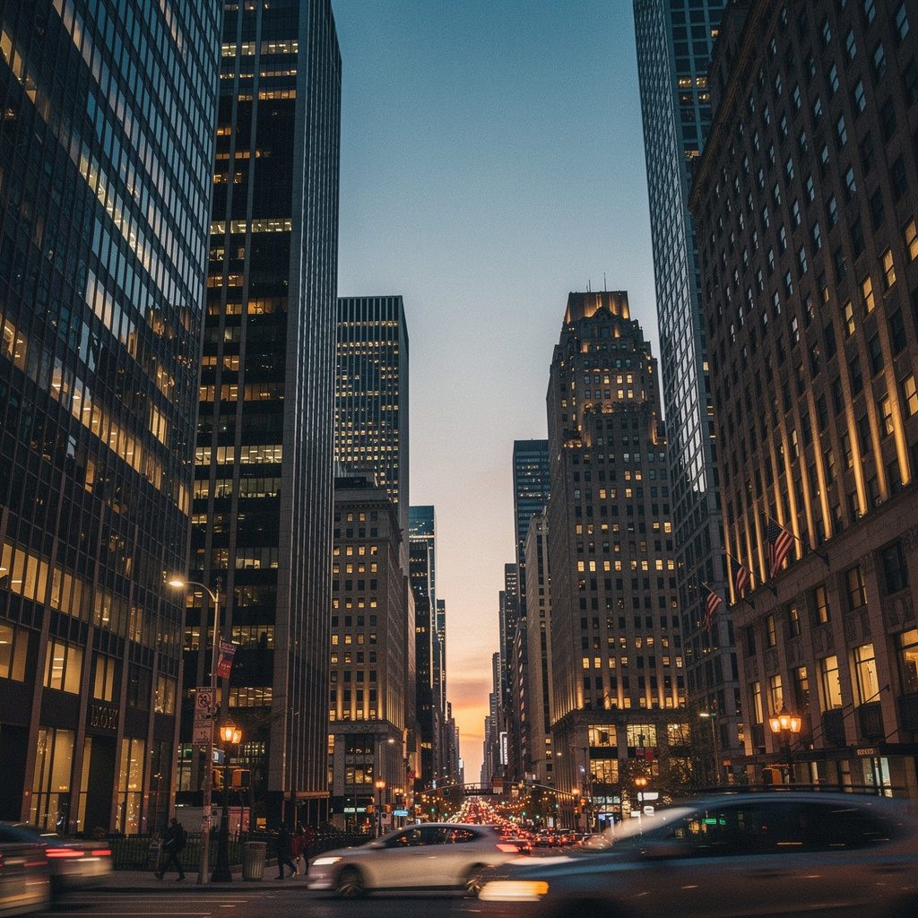 wall street financial district skyline at dusk