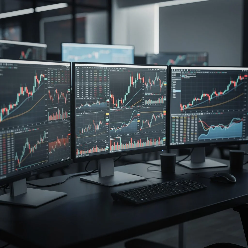a dimly lit trading desk with several monitors showing charts