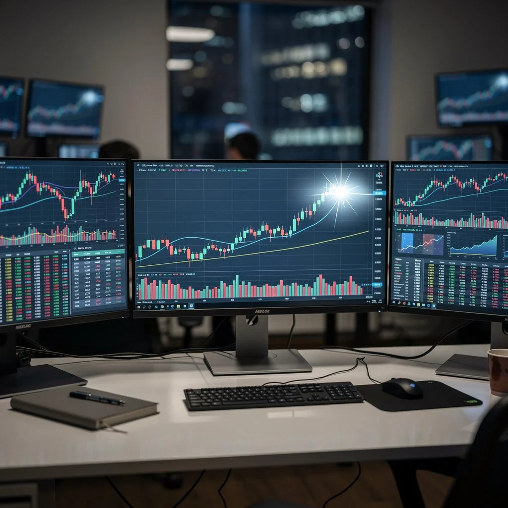 financial market data dashboard on a desk with multiple monitors