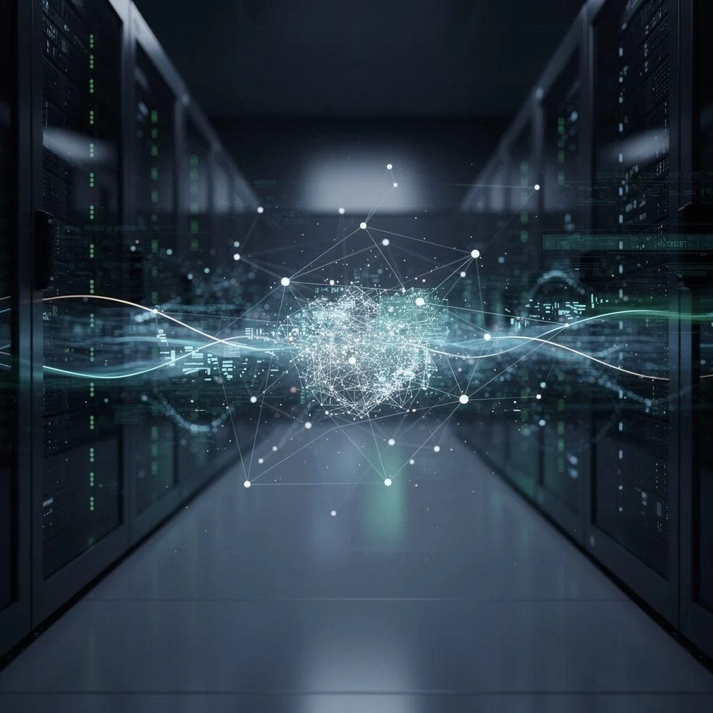 abstract glowing data network nodes in a dark server room