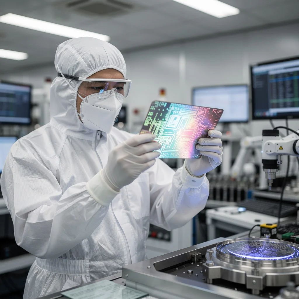 semiconductor wafer being inspected in a fabrication plant