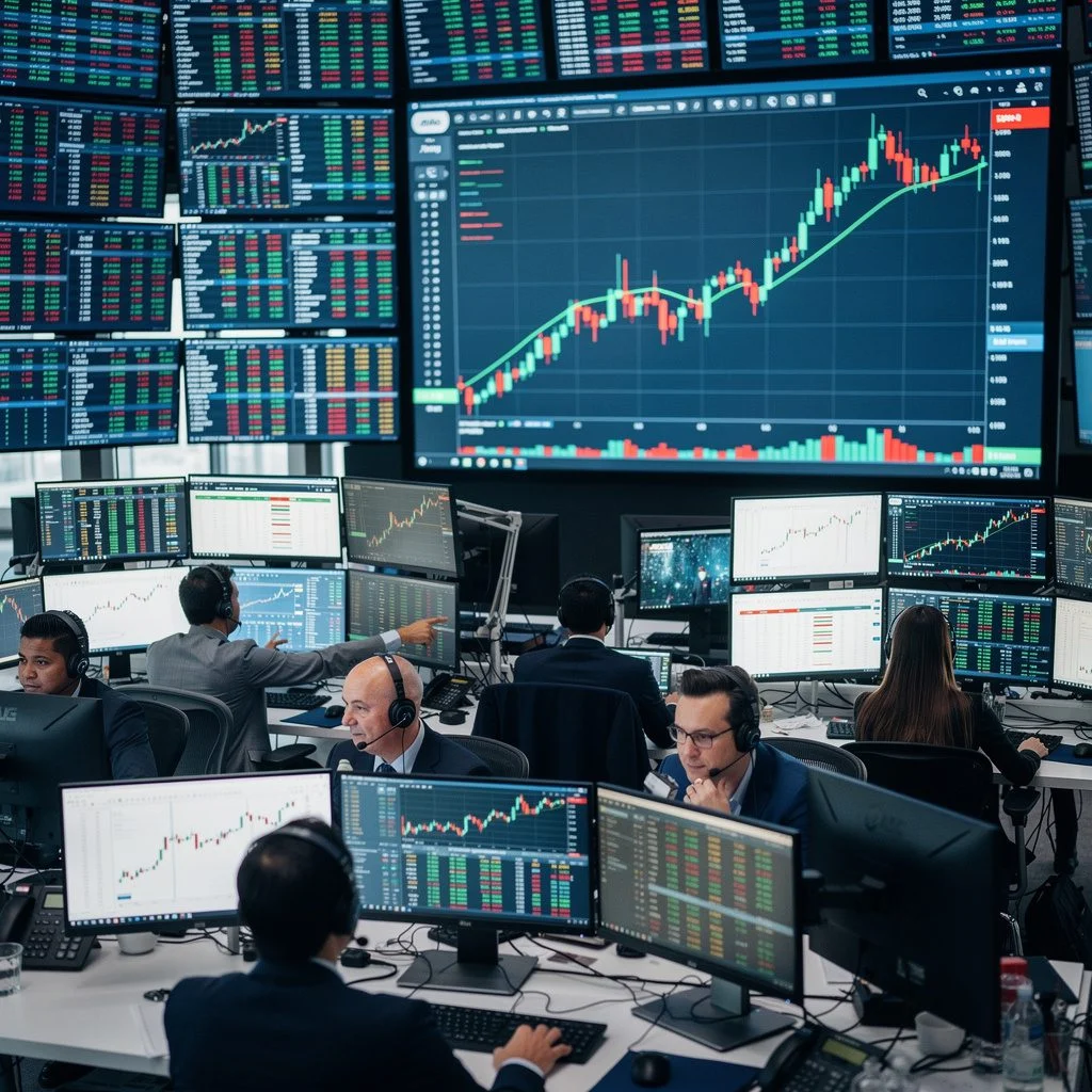 financial trading floor screens with stock charts